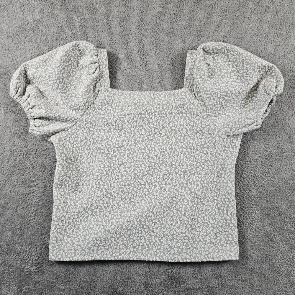 LOFT Grey White Textured‎ Knit Puff Sleeve Square Neck Top Womens Medium
